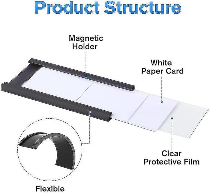 LLPT Magnetic Label Holder 5" x 3" 50 Packs C Channel 300g White Paper Cards Protective Film Strong Removable for Shelf White Board Toolbox Metal Wall Cabinet Drawer(MH5350)