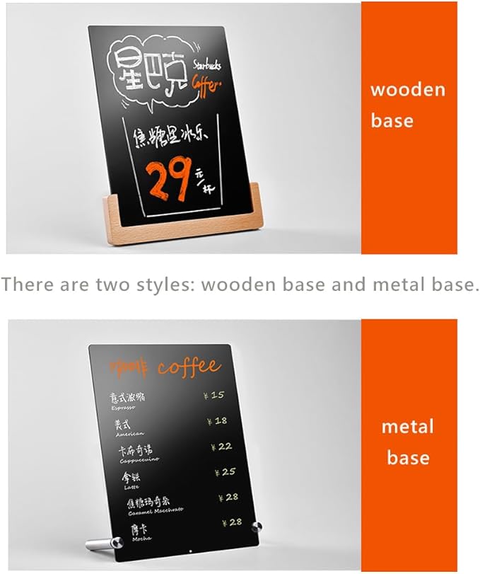 ECKEK Chalkboard Sign Tabletop Chalkboard Signs with Base Stand Carbon Steel Menu Chalkboard Stand,Message Board for Shop, Restaurant, Home Decoration (Wooden Base 28 * 36cm/11.02×14.17inches), White