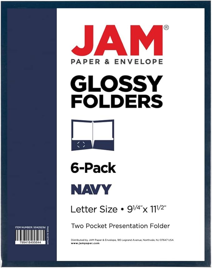 JAM PAPER Laminated Two Pocket Glossy School Folders - Letter Size - High Gloss Navy Blue - 6/Pack