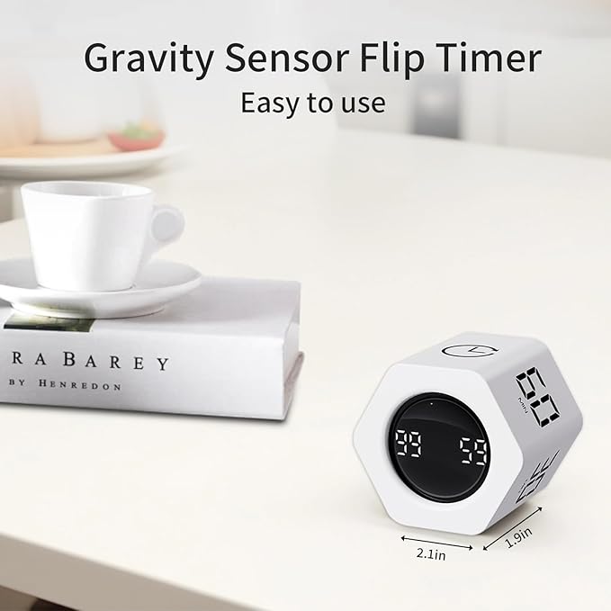 Productivity Timer Flip Gravity Sensor Cube Timer Countdown & Countup,Mute & Vibrate & Sound,5/10/30/60min & Custom Timing, Perfect for ADHD,Work,Learning,Kitchen Cooking (2, White Hexagon)