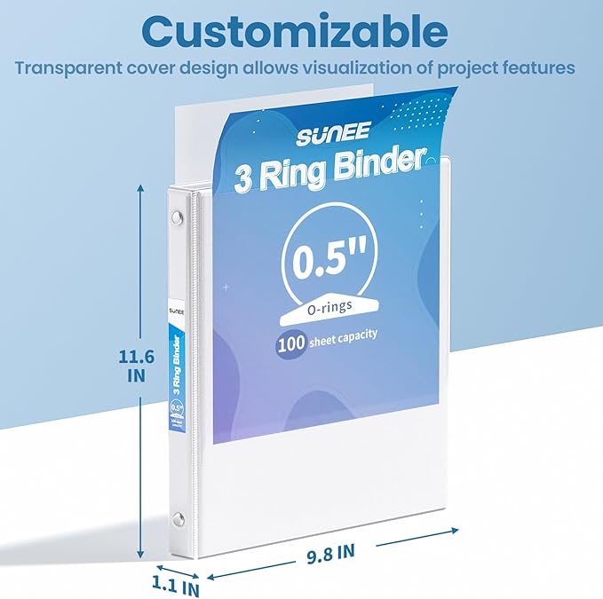 SUNEE 1/2 Inch Binders 3 Ring 12 Pack Bulk, 3 Ring Binders Clear View PVC-Free (Fit 8.5x11 Inches) for School or Office Supplies, White