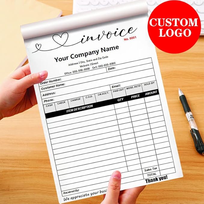 Custom Carbonless Sales Invoice Form Books for Small Business, Personalized NCR 2-Part Receipt Book with Carbon Copies, Cover Add Company Name, Address and Number Printed