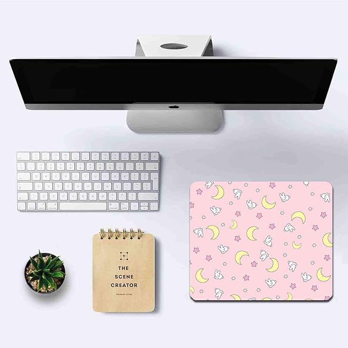 IMAYONDIA Pink Kawaii Mouse Pad, Cute Moon Bunny Small Mouse Mat,Aesthetic Anime Mousepad for Women Kids Office Home School, Computer PC Laptop Mice Pad, 9.5 x 7.9 Inch