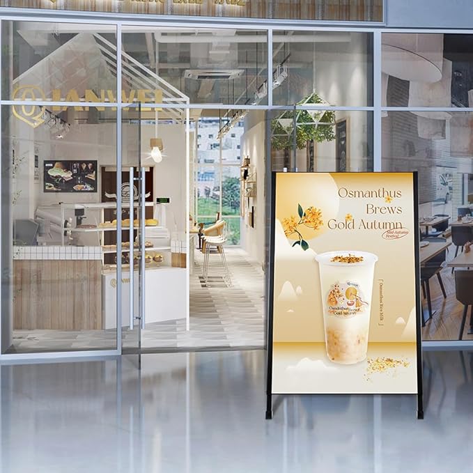 DISPLAYSWORKER Heavy Duty A-Frame Sidewalks Signs 24x36 Inch ,outdoor Sandwich Board Sign Black Coated Steel Metal Double-Sided,Slide-in Folding with 2 Corrugated Plastic Poster Boards&2 Anti-Glare