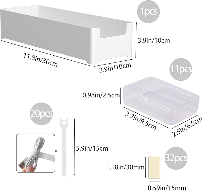 11 Cable Organizer Box with Labels, Cord Storage Organizer for Desk Drawer,Includes 20 Ties & 32 Labels, Office Home Multi-Purpose Organizer