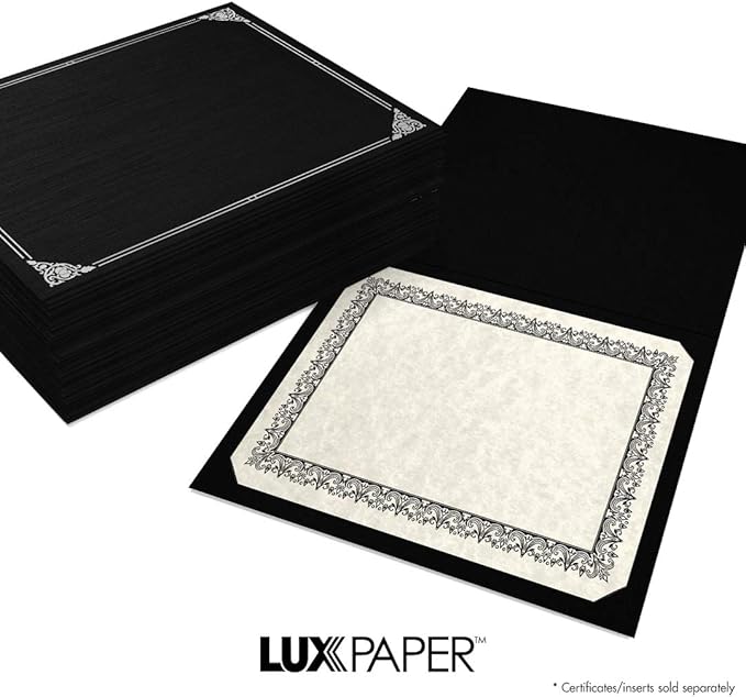 LUXPaper 9.5" x 12" Certificate Holders | Black Linen | Embossed Silver Foil Floral Border | 100lb. Cover | 25 Qty
