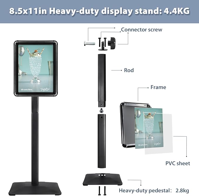 Sign Holder Stand, Heavy-Duty 8.5x11 Inch Aluminum Floor Stand for Posters & Signs | Includes PVC Plastic Sleeve & Weighted Base | Black Poster Display Stand