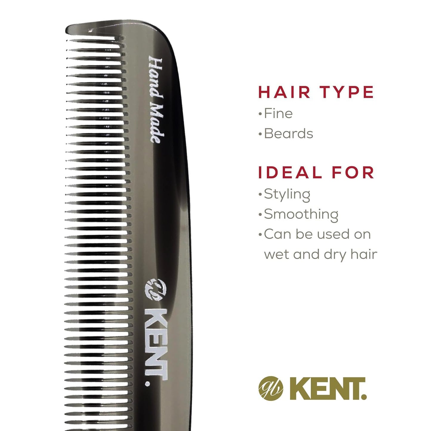 Kent 7T G All Fine Tooth Pocket Comb - Handmade Hair Grooming and Styling Comb for Travel, Mustache, Beard - Saw Cut and Hand Polished for Wet or Dry Use with Balms