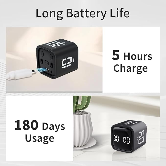 Productivity Timer Flip Gravity Sensor Cube Timer Countdown & Countup,Mute & Vibrate & Sound,5/10/30/60min & Custom Timing, Perfect for ADHD,Work,Learning,Kitchen Cooking (2 Black)
