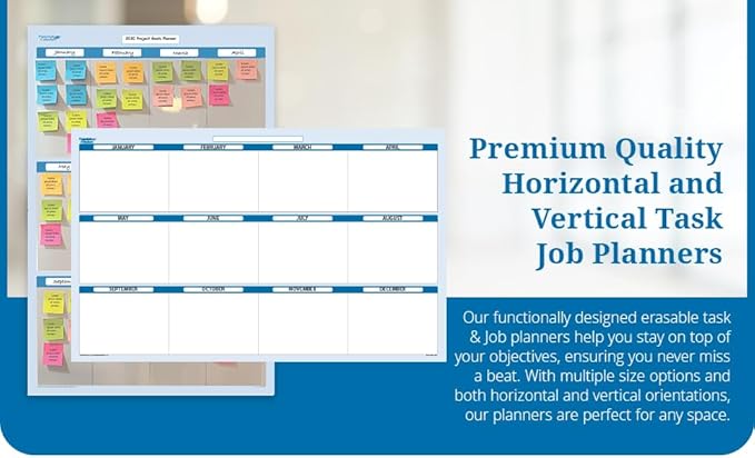 Sky Blue 12 Section Task, Objective and Goals Planning System Vertical 36" Tall 24" Wide. Wall Tray, Dry-Erase Marker, Eraser and 600 Sticky-Notes