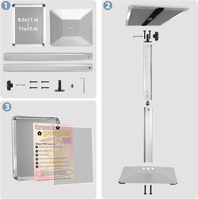 STANDNEE Heavy-duty Poster Stand Holder 11"x 17" Pedestal Floor Standing Sign Holder Vertical and Horizontal View Sign Display, Aluminum Snap Open Frame with Safety Corner, Silver (3 Packs)