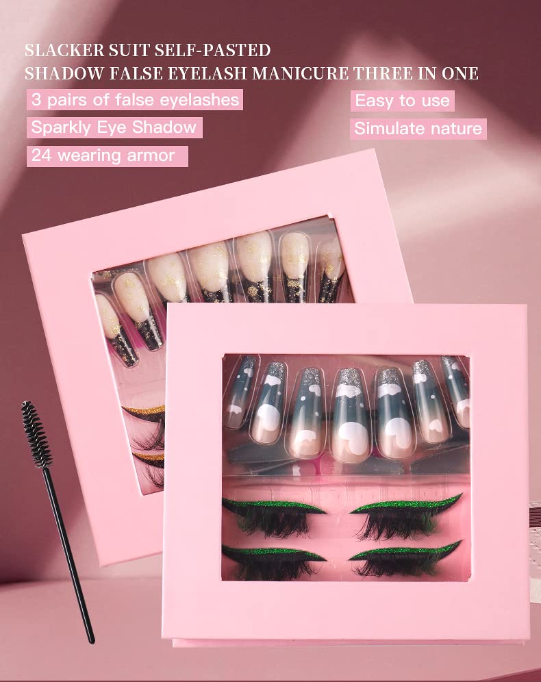 HBZGTLAD 3 in1 color eyeline Press On Nail with Eyelash Packing Boxes Set Package Pink White DIY Lashes and Nail Suit Box 1set… (SET-53)