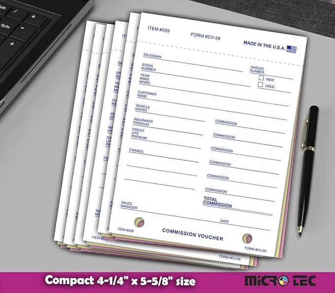 Commission Voucher Book CV-59-3 Part Carbonless Forms, Triplicate NCR Receipt Book, Snap-Out Pre-Punched with File Holes Commission Vouchers, Blue Ink, 4.25 x 5.625 Inch - Pack of 300