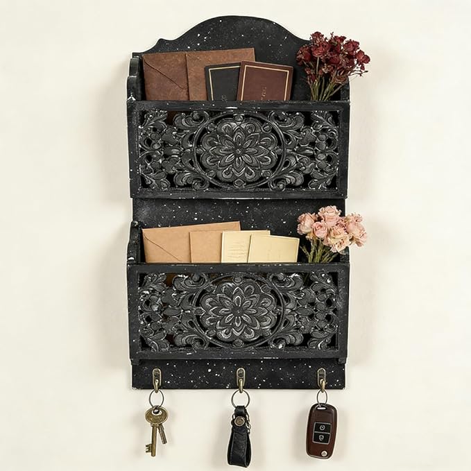 Chadechimo Rustic Key and Mail Holder for Wall Home Decorative,2-Slot Mail Organizer Wall Mount with 3 Hooks, Wooden Key Hangers Wall File Organizer Letter Sorter for Letter Magazines(Black)