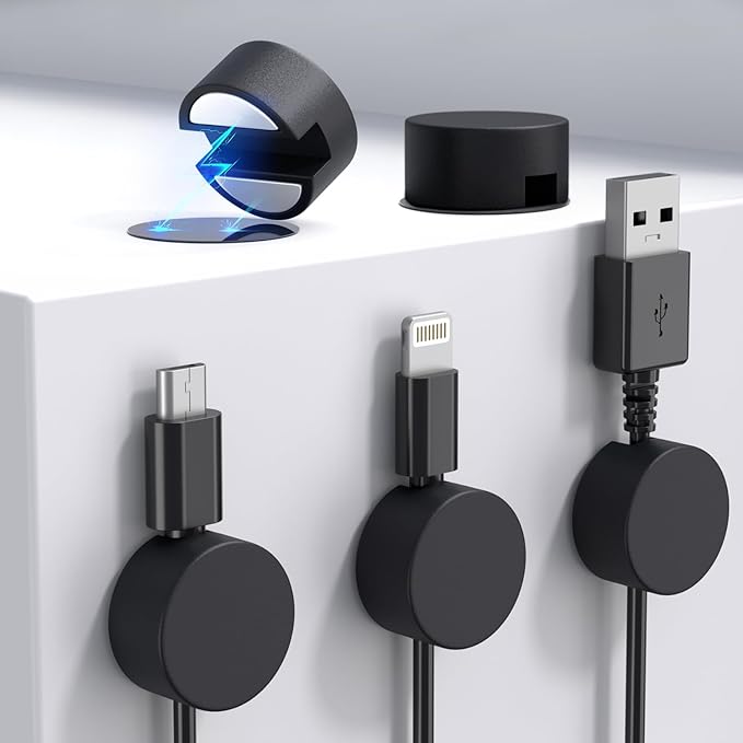 Maveek 5 Pcs Magnetic Cord Holder Cable Management, Strong Cable Clips Magnets Metal Plate, Adhesive Wire Organizers for Nightstand Desktop Wall Kitchen USB LAN (Black)