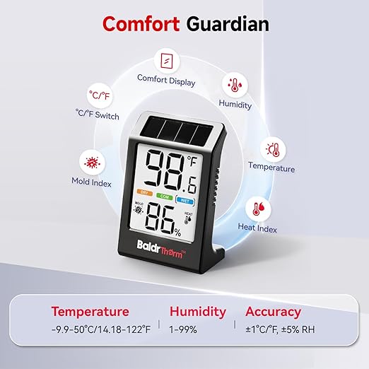 BaldrTherm Room Thermometer Indoor Humidity Meter, Solar-Powered 3.2'' Digital Temperature Sensor Monitor with 5-Comfort Indicator for Baby, Home, Office, Black, 3Pack