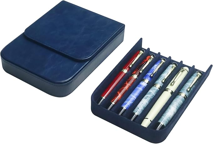MIVLXLX Leather 6 Fountain Pen/Pencil Tray Case, Handmade, Magnetic Closure with Drawer Design, Gift Choice for Man/Woman/Office, 6 Slots(blue)