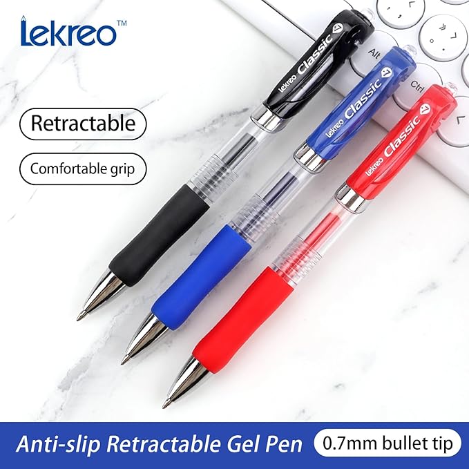 Lekreo Classic Retractable Gel Roller Pens, 0.7mm Fine Point, Blue Ink (Blue Ink - 12 Packs)