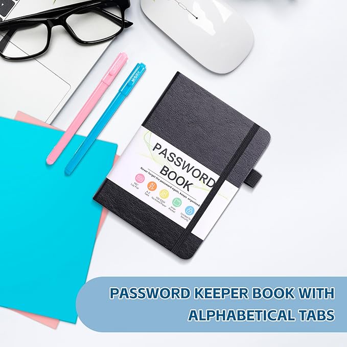 Password Keeper Book with Alphabetical Tabs,4.3"x5.7" Small Password Books for Seniors Password Notebook for Internet Website Address Log in Detail (Black)
