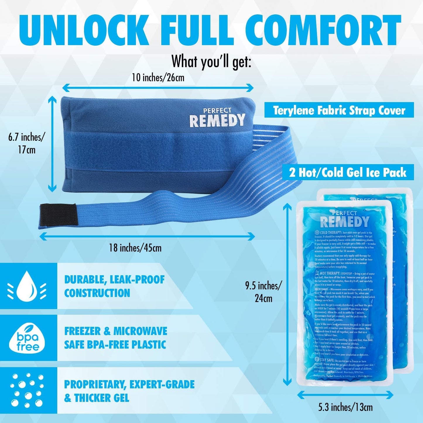 Perfect Remedy 2-Pack Gel Ice Packs for Injuries with Strap Cover, Flexible Hot Cold Compress, Soothing Soft Ice Packs for aid in Injuries Conditions, Alternative to Hot Water Bottles (Blue, Regular)