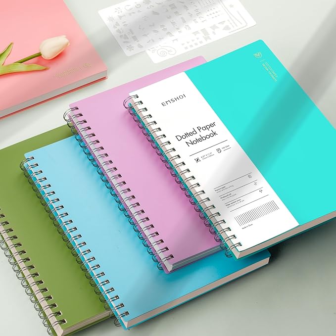 EMSHOI A4 Spiral Dotted Notebook - 150 Sheets (300 Pages), 100gsm Dot Grid Journal, Waterproof Softcover, Twin-Wire Binding Journal for School, Work, Writing, Bullet Journaling - 11.2"x8.27" Pink