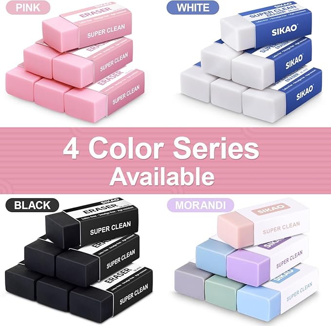 Black Erasers, 6 Pack Block Pencil Erasers – Smudge-Free Latex-Free Art Erasers for Kids & Adults Artists, Clean Erase for School, Homework, Office & Drawing