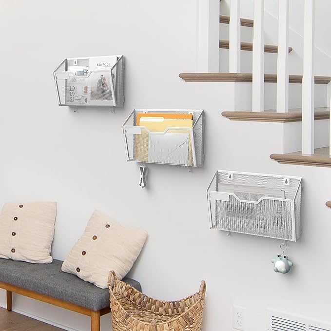 YINGHUA 6 Pack Mesh File Holders Wall Mounted - Durable Metal Hanging Organizer with Hooks - 12.6 Inch Vertical Wall Baskets for Mail Papers Office Home and School Storage - White