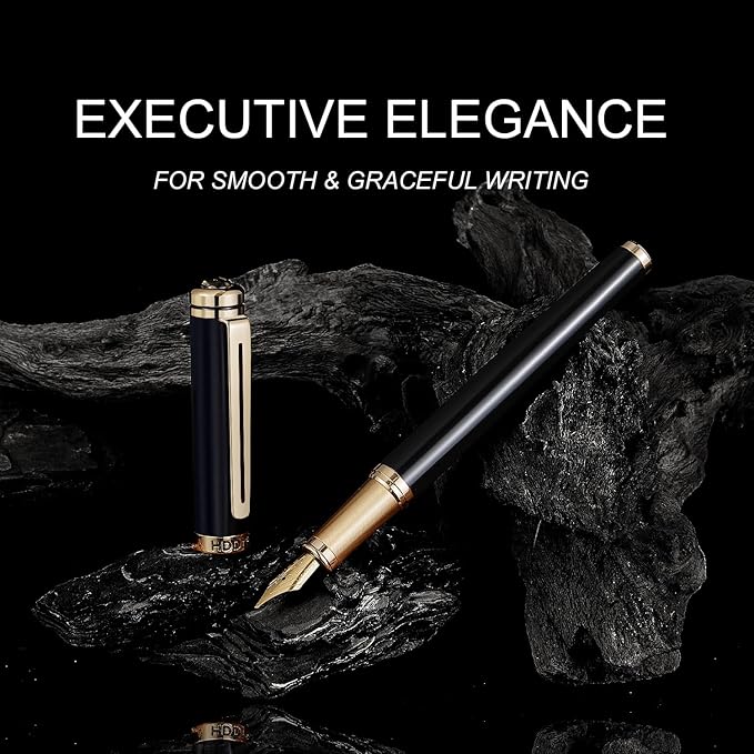 HDDNB Black Luxury Fountain Pen Set for Men and Women with Gift Box, 24K Gold Finish and Gilded Nib(Extra Fine) with 5 Black Ink Cartridges and Converter