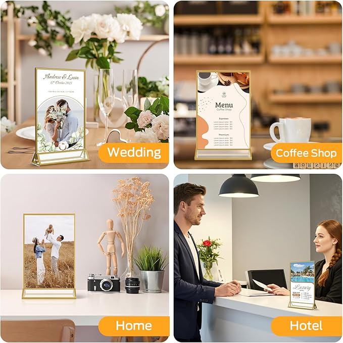 Smarpau 16 Pack 4x6 Acrylic Sign Holder with Gold Frame Table Number Holders Clear Picture Frames Flyer Stands Tables Menu Holder for Restaurant