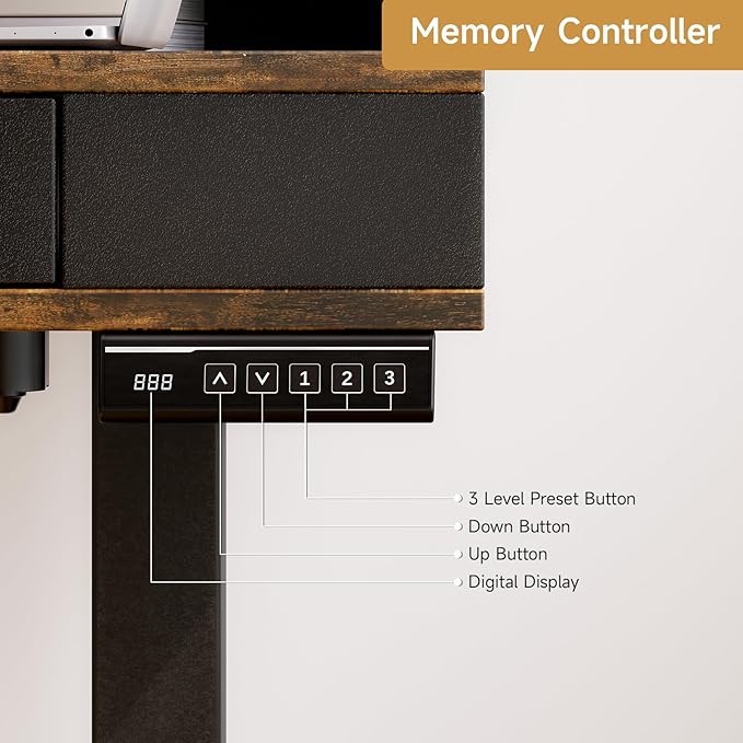 ONBRILL Standing Desk with Drawers, 63x23.6 Electric Stand Up Desk with Storage Shelf and Memory Controller, Sit Stand Desk Adjustable Height from 28-46" for Computer Workstation, Rustic Brown
