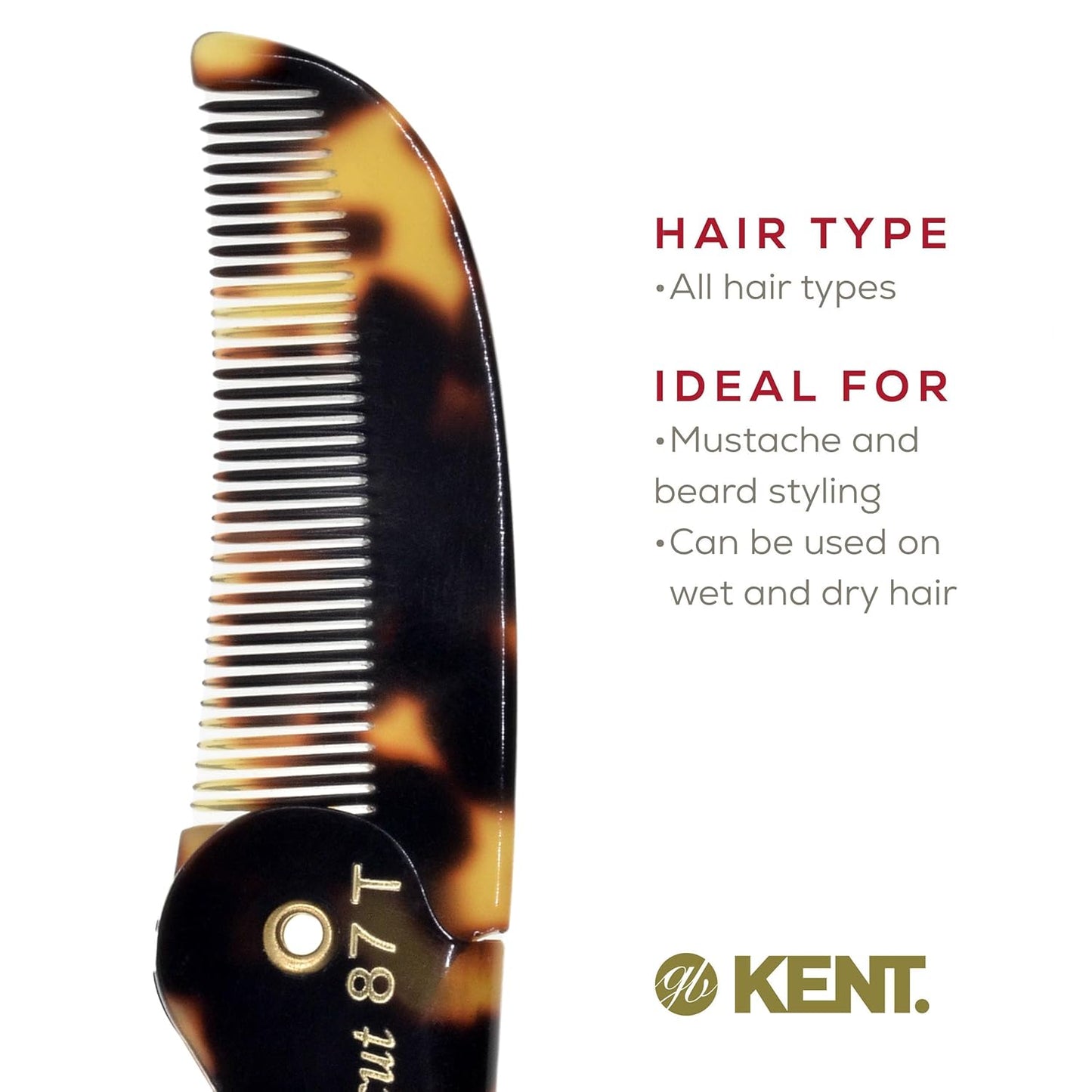 Kent 87T TY Handmade Folding Pocket Comb for Men, Fine Tooth Hair Comb Straightener for Everyday Grooming Styling Hair, Beard or Mustache, Use Dry or with Balms, Saw Cut Hand Polished, Made in England