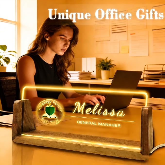 Desk Name Plate Personalized with Logo Custom Light Up Acrylic Plaque for Desk Customized Office Gifts for Boss Coworkers Teacher Employee Office Decor for Women Men