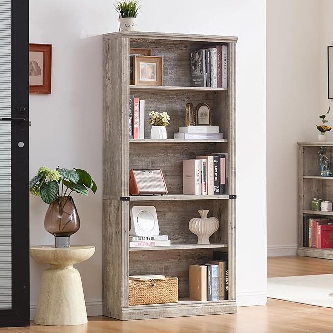 RWYHG 70" Grey Tall Bookshelf Set of 4,5-Tier Thick Wooden Book Shelf with Adjustable Shelves,Free Standing Farmhouse Bookcase with Open Display Storage,Floor Vintage Bookshelves for Living Room