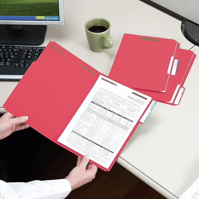 Pendaflex Fastener Folders, 2 Fasteners, Letter Size, Red, 1/3 Cut Tabs in Left, Right, Center Positions, 50 per Box (22740), Specialty