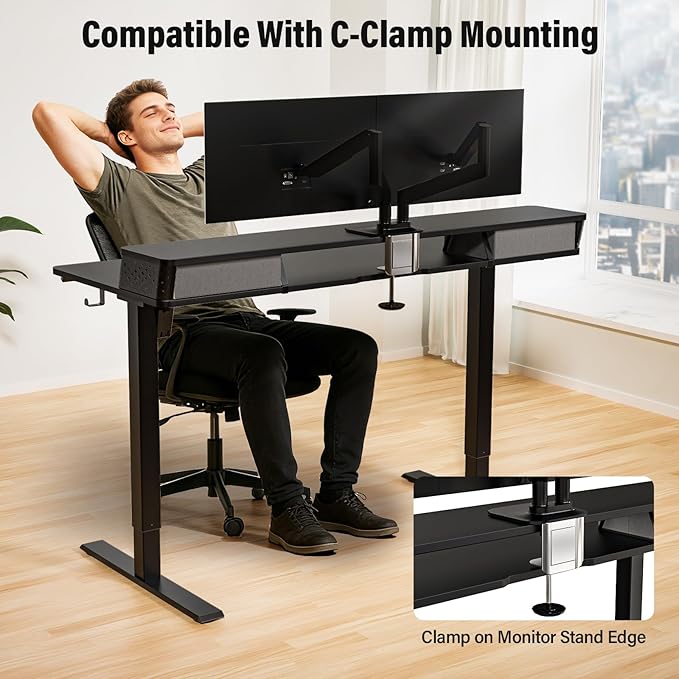 Kingant 40 x 24 Inch Electric Standing Desk with Dual Drawers, Height Adjustable Sit to Stand Computer Desk with Storage Shelf and C-Clamp Mount Compatibility for Home Office, Black
