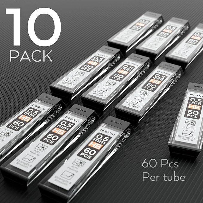 Nicpro 600 PCS Lead Refills 0.5mm HB #2 Break Resistant Mechanical Pencil Refills 0.5 mm, 60 Pack Per Tube, 10 Tubes