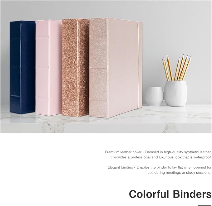 Ospelelf Vintage Hardcover 3 Ring 2 inch Leather Binder, Professional Binders Organizer Suitable for Letter Size Documents, Binder Dividers with Tabs, Rose Pink