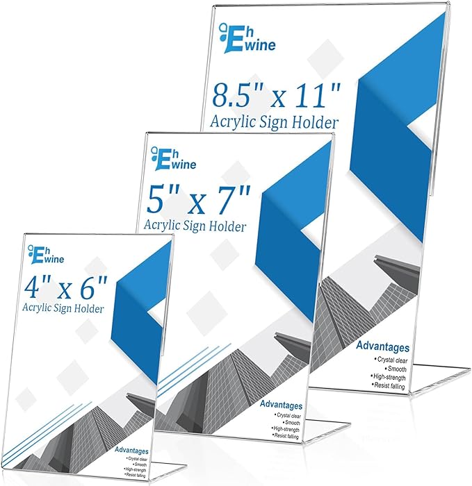 EHWINE 12 Pack 4 x 6 Acrylic Sign Holder, Clear Plastic Signs Display Stand, Vertical Slanted Back Paper Holder Stand up Table Top Sign Holders Flyer Stand Frames Suitable for Office Business Store