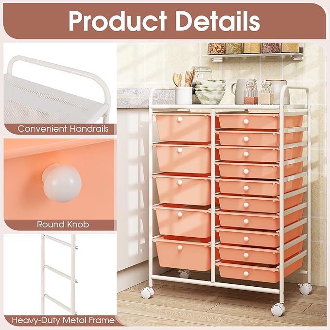 DORTALA 15-Drawer Rolling Storage Cart with Drawers, Rolling Utility Cart w/Removable Drawers & Universal Wheels, Tools Scrapbook Paper Organizer for School, Office, Home, Classroom (Light Pink)
