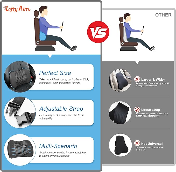 Lofty Aim Memory Foam Lumbar Cushion Provides Lower Back Pain Relief and Comfortable Support for Driving, Chair Support for Car-Office Chair, Wheelchair - Sleek Black