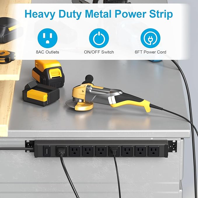 HHSOET Metal 360° Rotating Mountable Power Strip, 8 Outlet Gaming Table Mounted Long Power Strip, Heavy Duty Wall Mount Surge Protector with Switch, 15A 125V 1875W, 15ft Power Cord.(Black)
