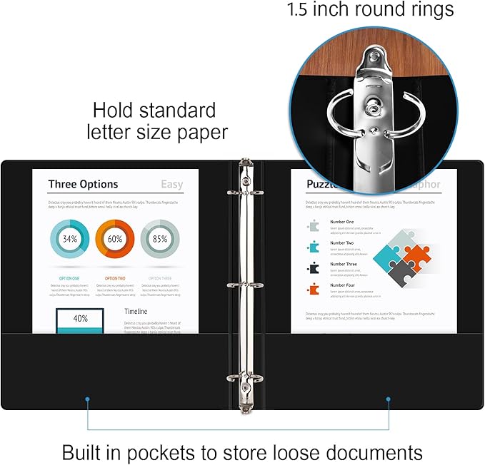COMIX Sturdy 3 Ring Binder 1.5 inch with Clear View Cover, 1-1/2" Round Ring View Binder, PVC-Free, 2.4mm-Thick, 300 Sheets Capacity of US Letter Size Paper, Office & School Supplies, 6 Pack (Black)