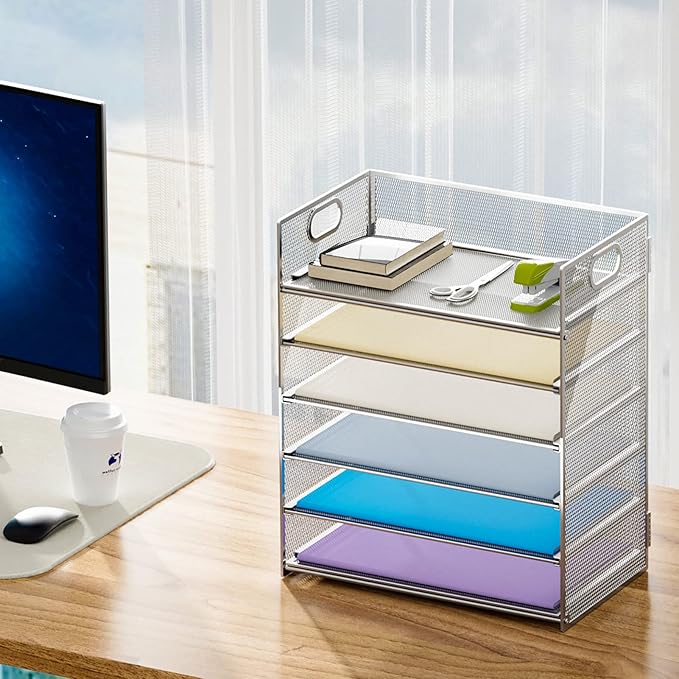 Marbrasse Paper Letter Tray - 6 Tier Mesh File Organizer with Handle, Paper Sorter for Letter/A4 Office File Folder Holder - Silver