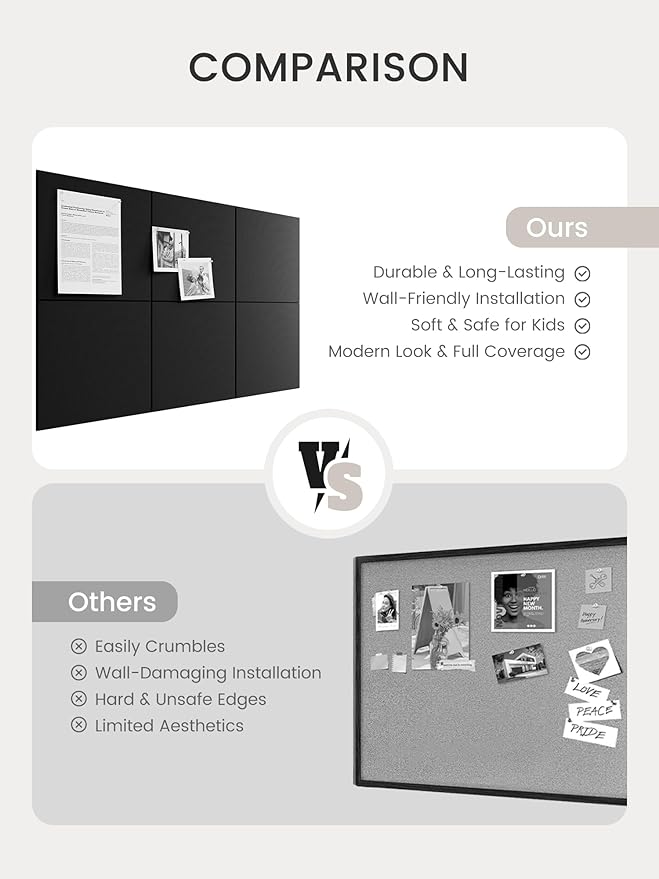 Bumusty Large Cork Board 36"x24" Alternative - 6 Pack Felt Wall Tiles with 40 Safe Removable Adhesive Tabs, 30 Pushpins, Cork Boards for Walls Pin Board Bulletin Board Office Decor (Black)