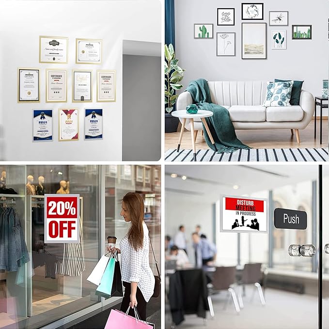 JIUYE 8.5 x 11 Self Adhesive Magnetic Sign Holder,Dual Sides Transparent Magnetic Window Display Frame for Office/Store/School as Shop Notice Frame/Schedule (8.5"x11" 6Pcs, Silver)