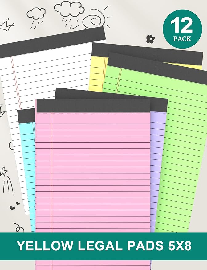 AIFLYAN 12 Pack Legal Pads 5x8 Inch Colorful Note Pads for Writing NotePads,Narrow Ruled Small Notepad 5x8 inch Legal Pad,30 Sheets Per Notebook Writing Pad for Study, Office, to-Do Lists(Multicolor)