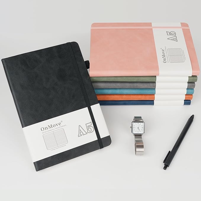 OnMove Notebooks Journal for Women Men 12 Pack Bulk Leather Hardcover with Pen Holder A5 160 Pages 100 GSM Thick Paper for Work School Lined Sky Blue