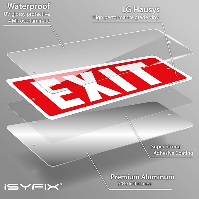 iSYFIX Exit Sign – 6 Pack 12x4 Inch – 100% Rust Free .040 Aluminum Signs, Laminated for Ultimate UV, Weather, Scratch, Water and Fade Resistance, Indoor and Outdoor, Exit Signs for Exterior.