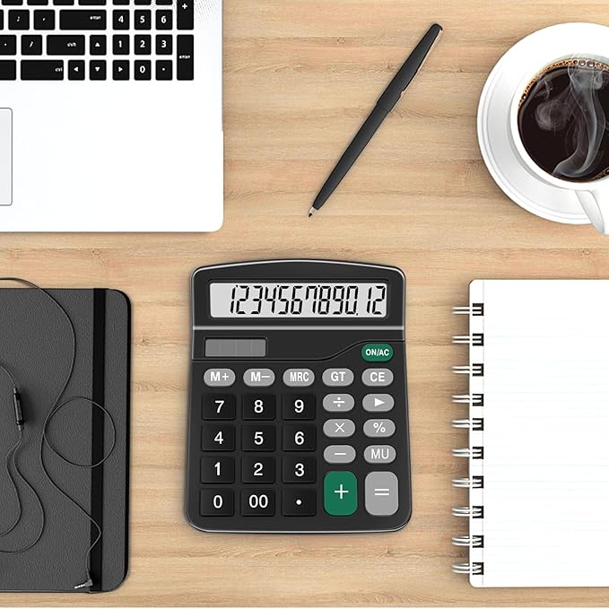 Calculators, Splaks 2 Pack Standard Functional Desktop Calculators Sola and AA Battery Dual Power Electronic Basic Calculator with 12-Digit Large Display for Office, Home, School (2 Black)