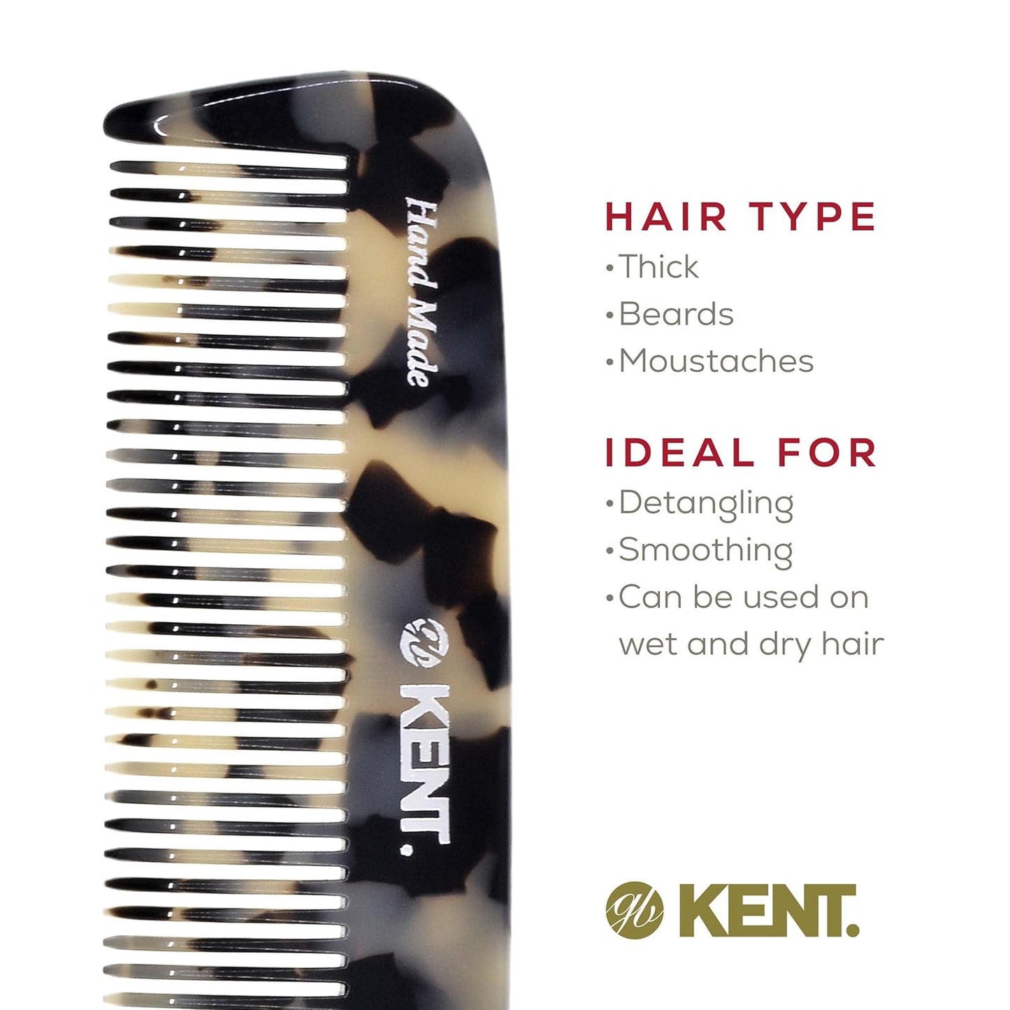 Kent 12T TW Wide Tooth Detangling Comb - Handmade Large Pocket Comb for Thick, Curly, and Wavy Hair Grooming - Saw-Cut Beard and Mustache Comb